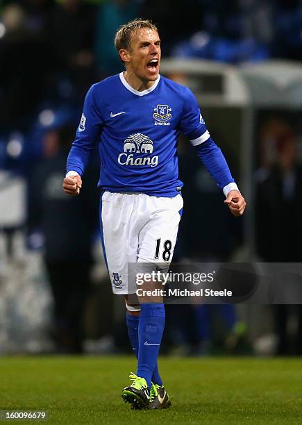 Phil Neville of Everton celebrates victory in the FA Cup with Budweiser Fourth Round match between Bolton Wanderers and Everton at the Reebok Stadium...