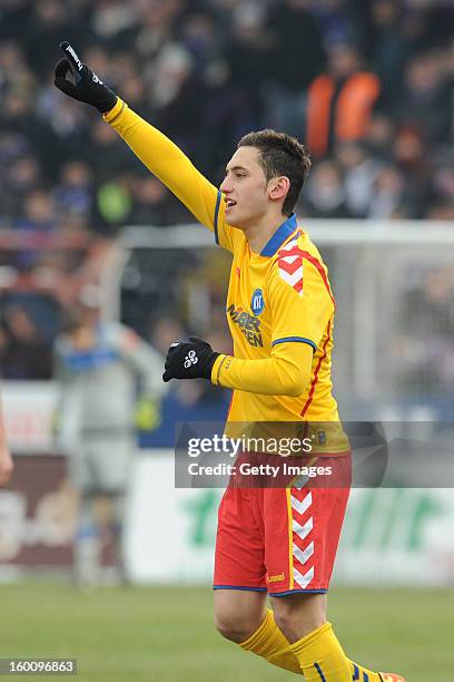 Hakan Calhanoglu of Karlsruhe celebrates a goal during the Third league match between VfL Osnabrueck and Karlsruher SC at Osnatel Arena on January...