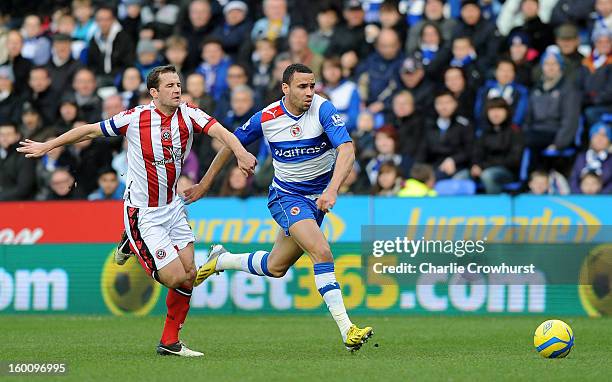 Hal Robson-Kanu of Reading attacks during the FA Cup Fourth Round match between Reading and Sheffield United at the Madejski Stadium on January 26,...