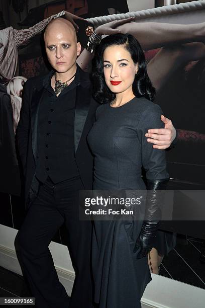 Ali Mahdavi and Dita Von Teese attend the 'Body Double' Ali Mahdavi Exhibition Preview Cocktail At Hotel W on January 25, 2013 in Paris, France.