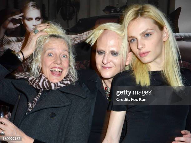 Ellen Von Unwerth, Ali Mahdavi and Andreas Pejic attend the 'Body Double' Ali Mahdavi Exhibition Preview Cocktail At Hotel W on January 25, 2013 in...