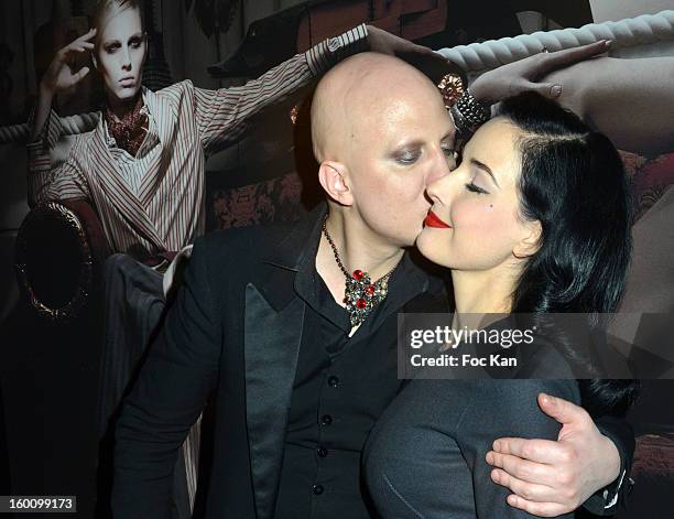 Ali Mahdavi and Dita Von Teese attend the 'Body Double' Ali Mahdavi Exhibition Preview Cocktail At Hotel W on January 25, 2013 in Paris, France.