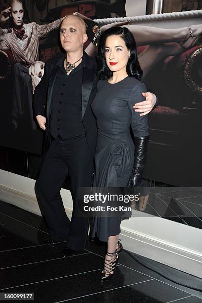 Ali Mahdavi and Dita Von Teese attend the 'Body Double' Ali Mahdavi Exhibition Preview Cocktail At Hotel W on January 25, 2013 in Paris, France.