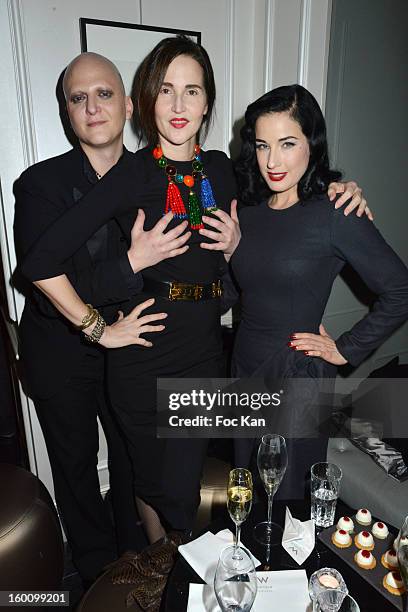 Ali Mahdavi, Suzanne Von Aichinger and Dita Von Teese attend the 'Body Double' Ali Mahdavi Exhibition Preview Cocktail At Hotel W on January 25, 2013...