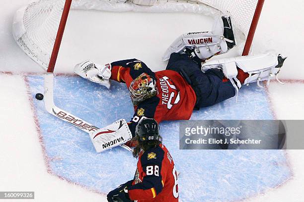 Goaltender Jose Theodore of the Florida Panthers defends the net against the Ottawa Senators at the BB&T Center on January 24, 2013 in Sunrise,...