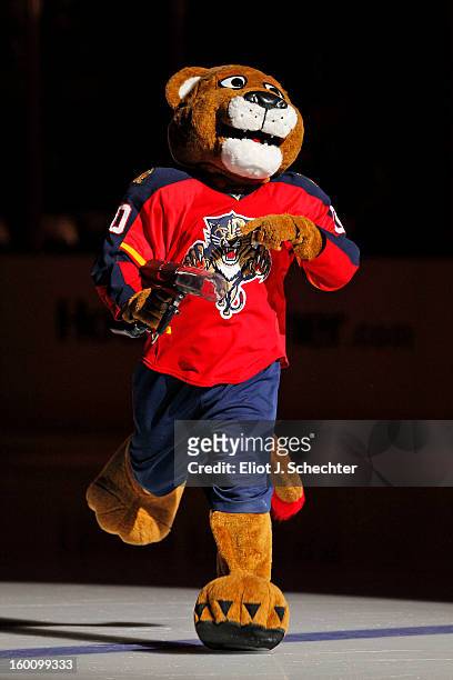 Florida Panthers mascot Stanley C. Panther on the ice prior to the start of the game against the Ottawa Senators at the BB&T Center on January 24,...