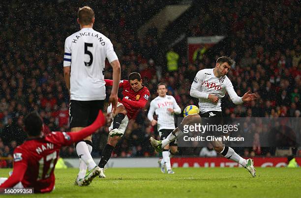 Javier Hernandez of Manchester United scores his team's third goal during the FA Cup with Budweiser Fourth Round match between Manchester United and...