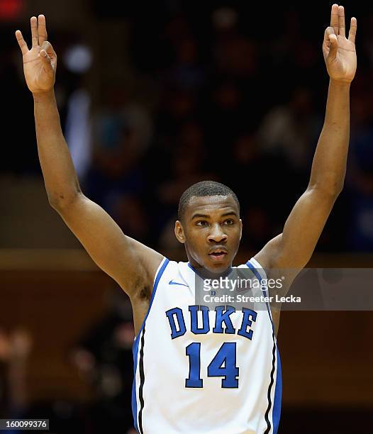 Rasheed Sulaimon of the Duke Blue Devils reacts after making a basket against the Maryland Terrapins during their game at Cameron Indoor Stadium on...