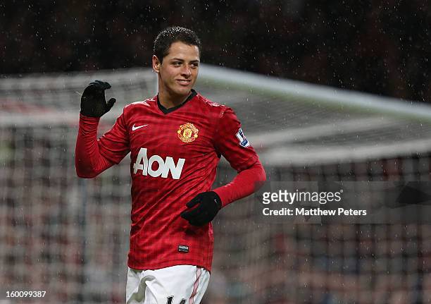 Javier "Chicharito" Hernandez of Manchester United celebrates scoring their fourth goal during the FA Cup Fourth Round match between Manchester...