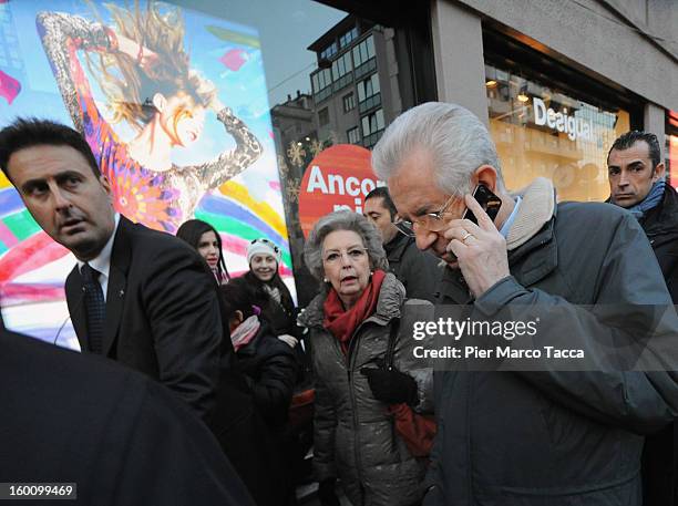 Prime Minister Mario Monti and his wife Elsa Antonioli sighting in Milan on January 26, 2013 in Milan, Italy.