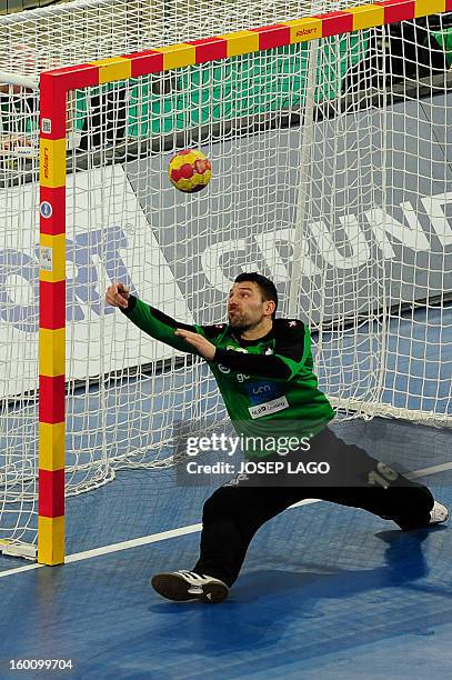 Slovenia's goalkeeper Primoz Prost misses to save a goal during the 23rd Men's Handball World Championships bronze medal match Slovenia vs Croatia at...