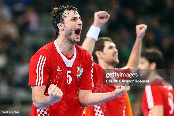 Domagoj Duvnjak and Jakov Gojun of Croatia celebrate after the Men's Handball World Championship 2013 third place match between Slovenia and Croatia...