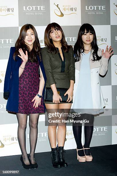 South Korean singers Baek Ye-Rin, Kim Yubin of girl group Wonder Girls and Park Ji-Min attend the wedding of Sun of Wonder Girls at Lotte Hotel on...