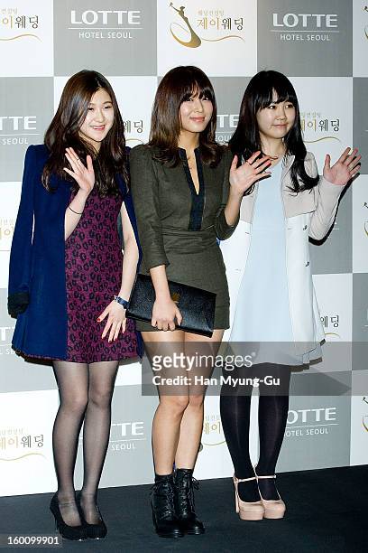 South Korean singers Baek Ye-Rin, Kim Yubin of girl group Wonder Girls and Park Ji-Min attend the wedding of Sun of Wonder Girls at Lotte Hotel on...