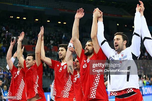 The team of Croatia celebrates after the Men's Handball World Championship 2013 third place match between Slovenia and Croatia at Palau Sant Jordi on...