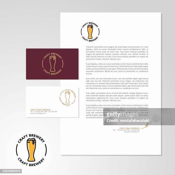 craft beer production company logo design with business card and letterhead - india pale ale stock illustrations