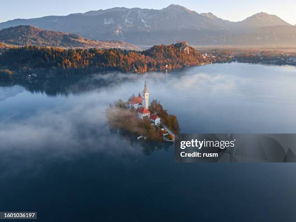 veduta aerea dell'isola di bled (blejski otok) con chiesa di pellegrinaggio dell'assunzione di maria sul lago di bled nella limpida mattina d'autunno con nebbia leggera, slovenia - lago di bled foto e immagini stock