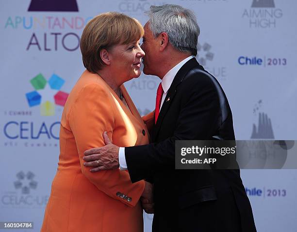 German Chancellor Angela Merkel is welcomed by Chilean President Sebastian Pinera to the opening of the Latin American and Caribbean States -European...