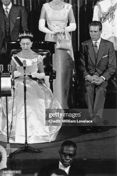 Princess Margaret and the Earl of Snowdon attending the State Opening of Parliament in Kingston, Jamaica, following the country's official...