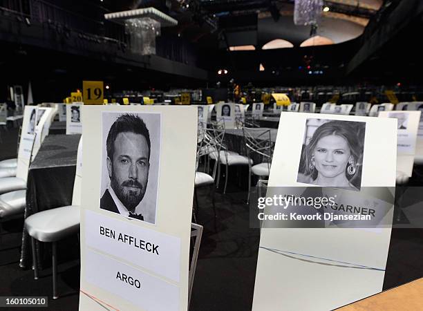 Place cards show the location of celebrities where they will be seated in the ballroom during the 19th Annual Screen Actors Guild Awards at The...