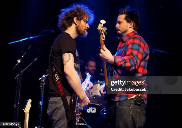 Chad Urmston, Pete Francis Heimbold and Brad Corrigan of the US band Dispatch perform live during a concert at the Postbahnhof on January 26, 2013 in...