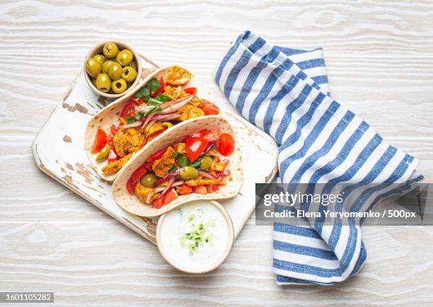 high angle view of food in plate on table - greek food imagens e fotografias de stock