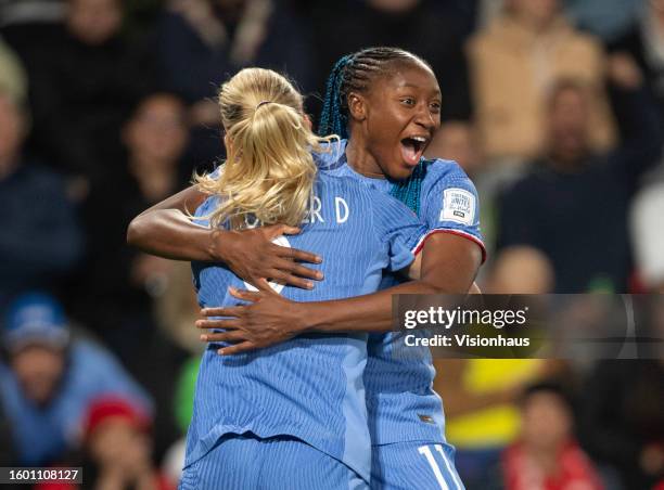 Eugenie Le Sommer of France celebrates scoring a goal with team mate Kadidiatou Diani during the FIFA Women's World Cup Australia & New Zealand 2023...