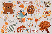 Seasonal autumn banner, with wildlife, colorful mushroom, trees, leafage and cute bear. Banners Ideal for web, harvest fest, banners, cards, Thanksgiving. Vector illustration