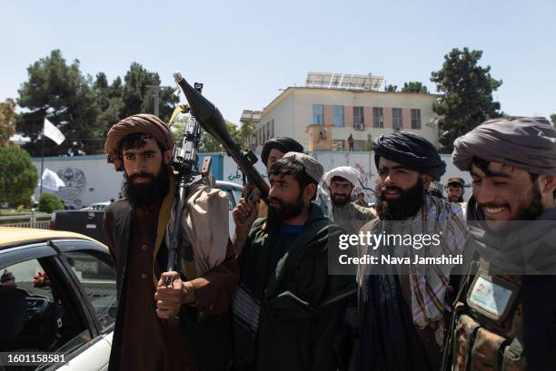 Taliban supporters parade through the streets of Kabul on August 15, 2023 in Kabul, Afghanistan. Two years ago, the Taliban completed their return to...