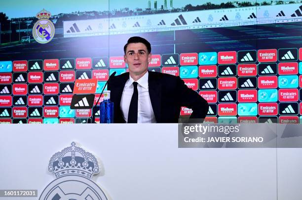 Real Madrid's new Spanish goalkeeper Kepa Arrizabalaga talks to media during his official presentation at Valdebebas Sport City in Madrid on August...