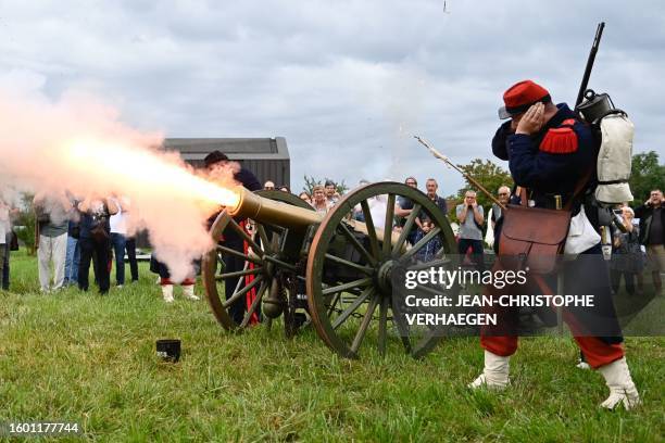 Re-enactors, in period costume of French soldiers of 2nd Regiment of Line Infantry, re-enact the 1870 war and the annexation during a commemoration...