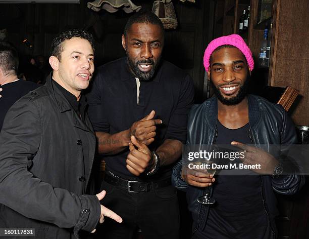 Warren Brown, Idris Elba and Tinie Tempah attend Love & Liquor Nightclub on January 25, 2013 in London.