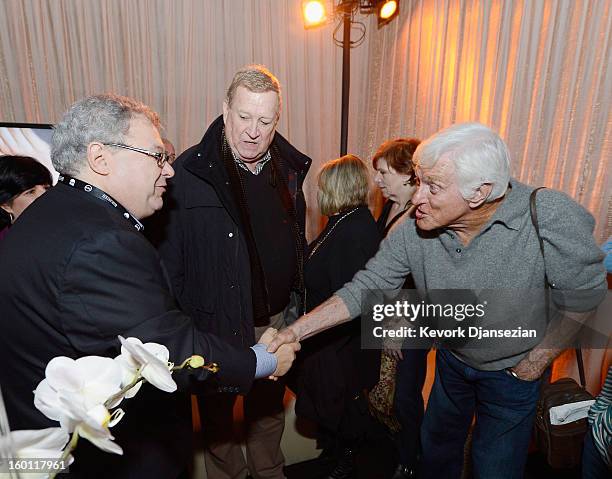 Awards honoree Dick Van Dyke greets Steve Koonin, president of Turner Entertainment Networks, as SAG-AFTRA Co-President Ken Howard look on in the...