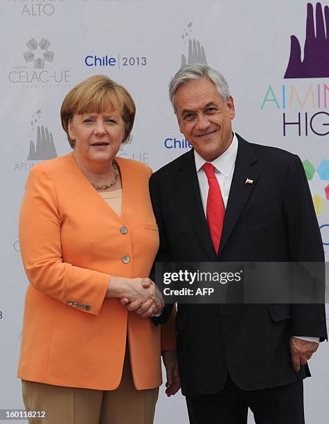 German Chancellor Angela Merkel is welcomed by Chilean President Sebastian Pinera to the opening of the Latin American and Caribbean States -European...