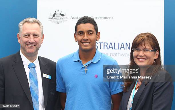 Tennis Australia CEO Steve Wood, Australian open Junior Boys champion Nick Kyrgios and Minister for Sport Hon Kate Lundy pose for a picture at the...
