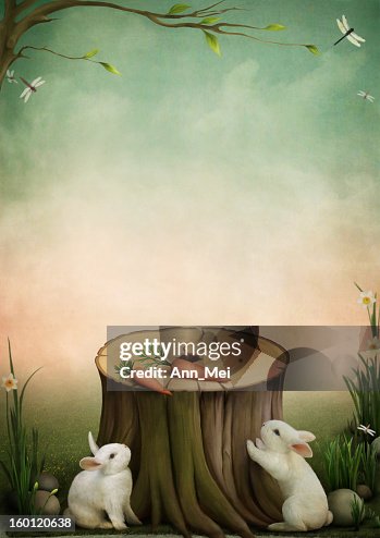 Digital Drawing Of Rabbits Looking At Carrots On Tree Stump High-Res ...