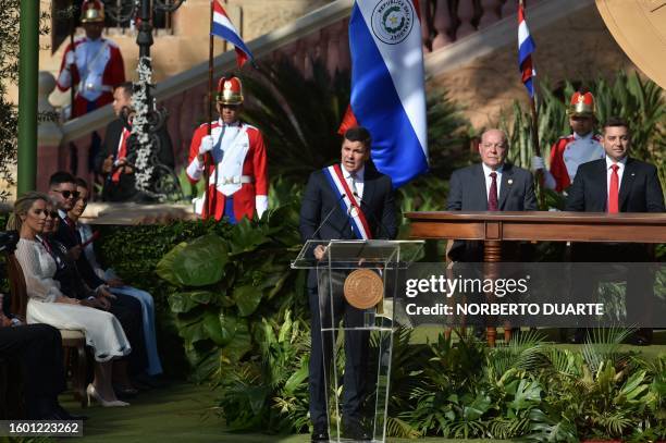 Paraguay's new President Santiago Peña delivers his first speech as president during his inauguration at the esplanade of Lopez Presidential Palace...