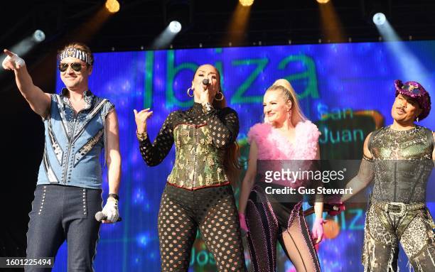 Denise Post-Van Rijswijk, Kim Sasabone, Donny Latupeirissa and Robin Pors of Vengaboys perform on stage at the Mighty Hoopla Festival 2023 at...