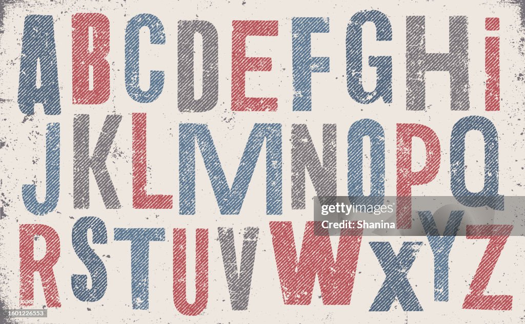 Distressed old alphabet - halftone lines - blue and red