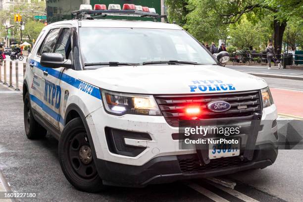 Police car vehicle with sirens of New York Police as seen parked or moving on the streets of NY near Union Square park in Manhattan, New York City in...
