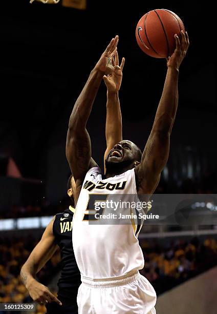 Keion Bell of the Missouri Tigers grabs a rebound during the game against the Vanderbilt Commodores at Mizzou Arena on January 26, 2013 in Columbia,...