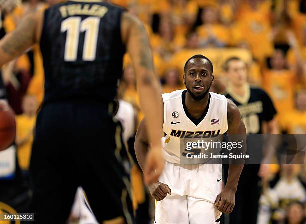 Keion Bell of the Missouri Tigers defends during the game against the Vanderbilt Commodores at Mizzou Arena on January 26, 2013 in Columbia, Missouri.