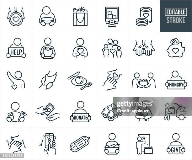 food bank and food donation thin line icons - editable stroke - donate icon stock illustrations