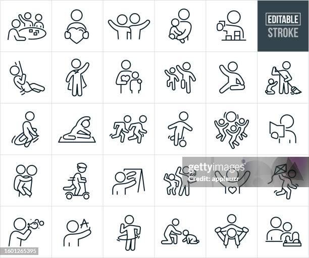 child care and day care thin line icons - editable stroke - single mom happy stock illustrations