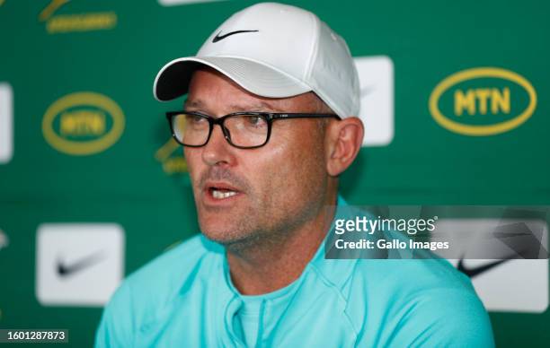 Jacques Nienaber of South Africa during the South Africa men's national rugby team announcement media conference at St. David's Cardiff Hotel on...