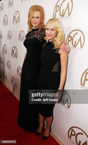 Actors Nicole Kidman and Naomi Watts arrive at the 24th Annual Producers Guild Awards held at The Beverly Hilton Hotel on January 26, 2013 in Beverly...