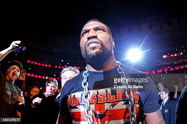 Rampage Jackson walks to the octagon prior to his Light Heavyweight Bout against Glover Teixeira part of UFC on FOX at United Center on January 26,...