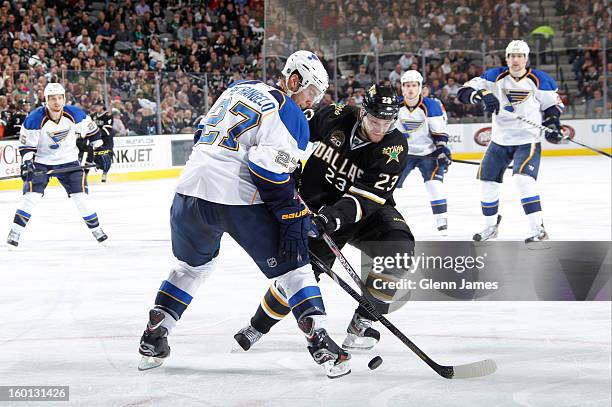 Tom Wandell of the Dallas Stars tries to keep the puck away against Alex Pietrangelo of the St. Louis Blues at the American Airlines Center on...