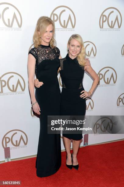 Actors Nicole Kidman and Naomi Watts arrive at the 24th Annual Producers Guild Awards held at The Beverly Hilton Hotel on January 26, 2013 in Beverly...