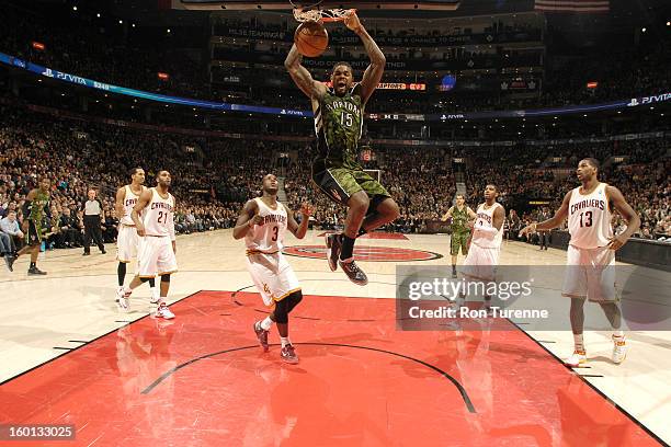 Amir Johnson of the Toronto Raptors dunks the ball during the game between the Toronto Raptors and the Cleveland Cavaliers on January 26, 2013 at the...